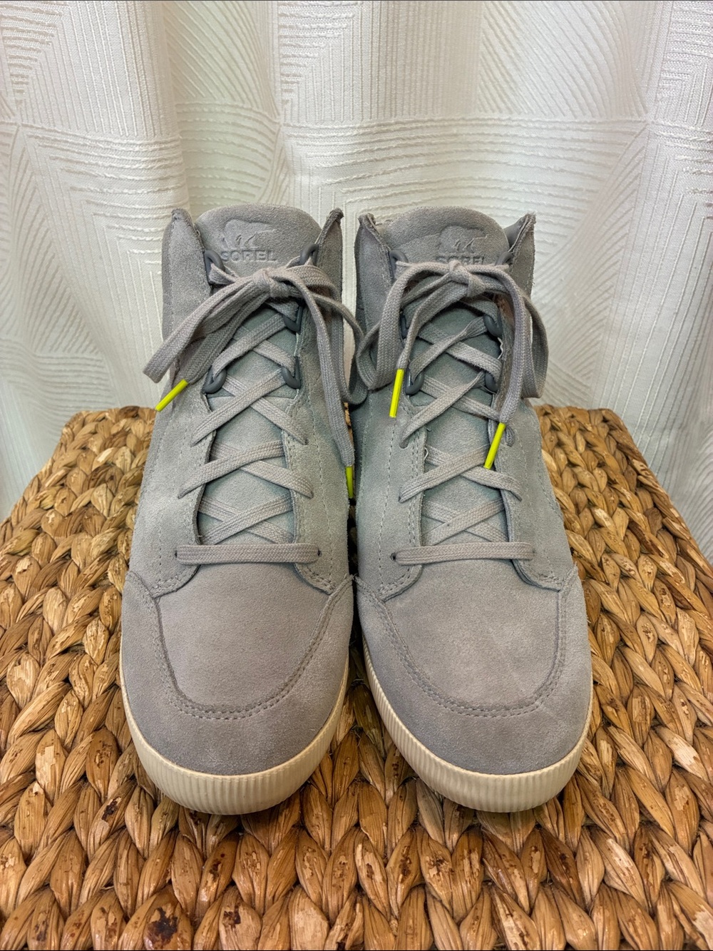 Sorel Women’s Light Gray Suede High-Top Boots with Neon Accents